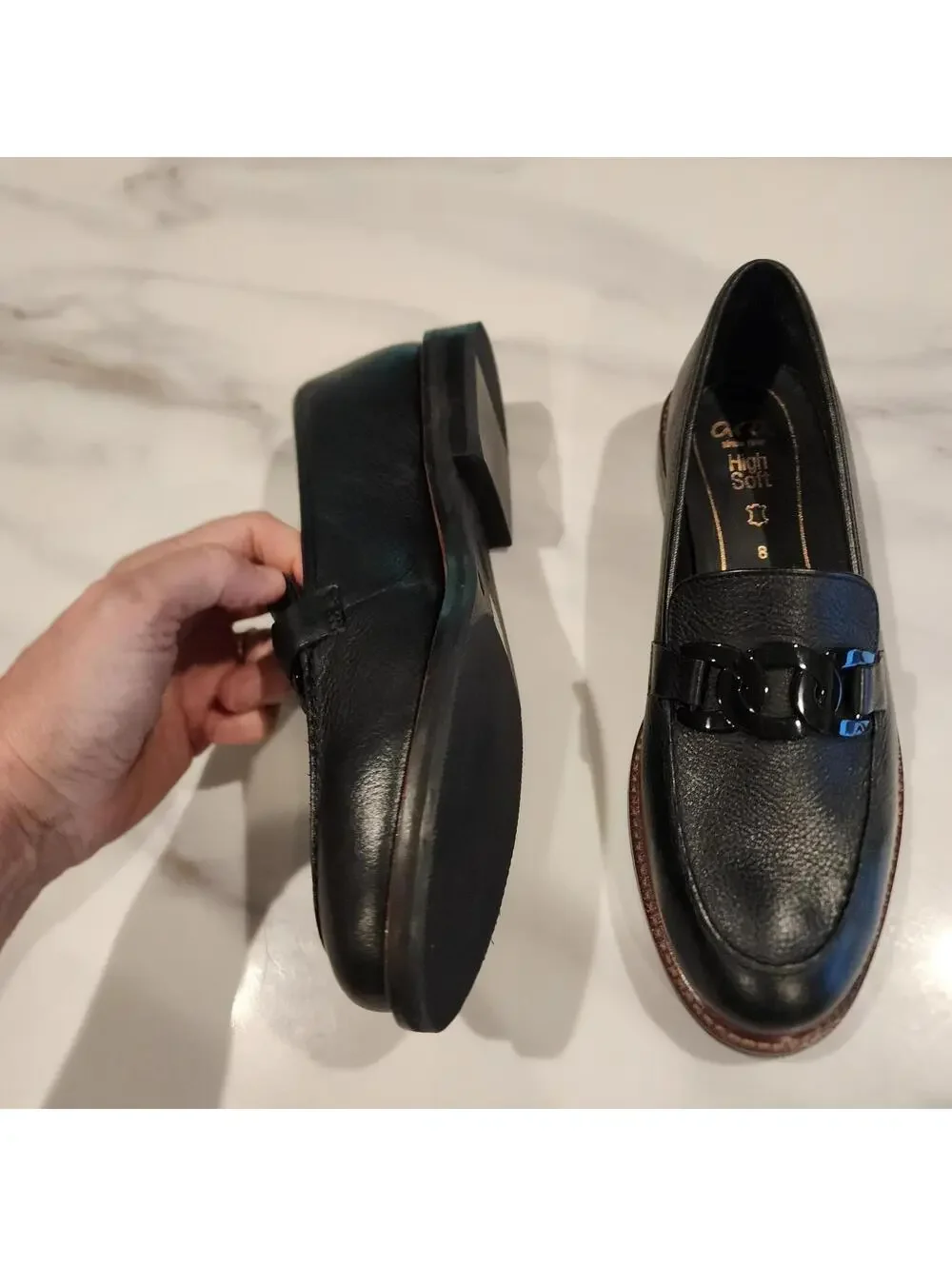 Ara Black Leather Loafers Women's Size 8 Chain Accent Comfort Shoes NWOB